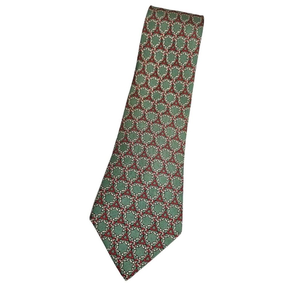 HERMÈS Men's  Silk Necktie LUXURY 7515 IA Green Horse Shoes Triangle W:3.5" EUC